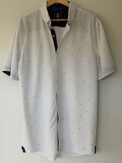 Men's Fried Denim NYC Short Sleeve Button-Down Shirt, White/Navy, Size XL Slim Fit