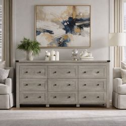 New Premium Dresser for Bedroom with 9 Drawers, Farmhouse Wood Chest of Drawers, Wide TV Stand Closet Storage Furniture with Metal Handle, Modern Clot