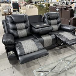 Manual Recliner Sofa Set 🖤🩶 With Hidden Cupholders 