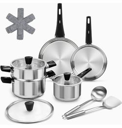 14Pcs Kitchen Pots and Pans Set. Stainless Steel Cookware Set Non Toxic, Induction Cooking Pot and Pan Set with Stay-Cool Handles, Healthy PFAS, PFOA,
