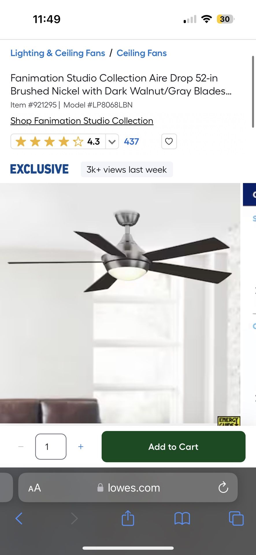 Fanimation Studio Collection Aire Drop 52-in Brushed Nickel with Dark Walnut/Gray Blades Integrated LED Indoor Ceiling Fan with Light and Remote (5-Bl