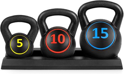 3-Piece HDPE Kettlebell Exercise Fitness Weight Set w/ 5lb, 10lb, 15lb Weights, Base Rack