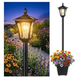 76" Solar Lamp Post Lights with Planter, Glass & Metal Street Light Outdoor Waterproof, 60 Lumens Dusk to Dawn Solar Pole Light for Garden, Yard, Driv