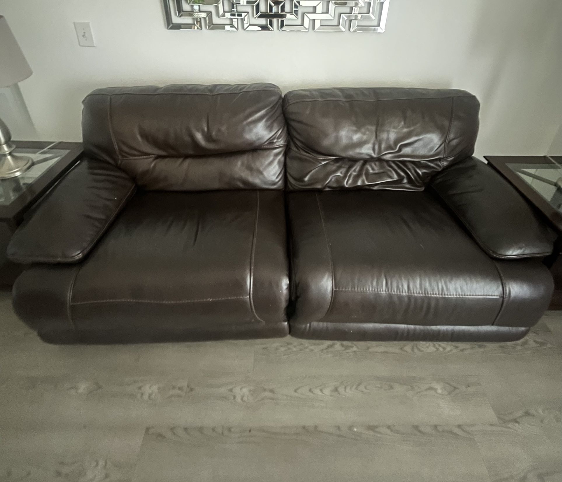 Dark Brown Leather Couch And Beige Chair
