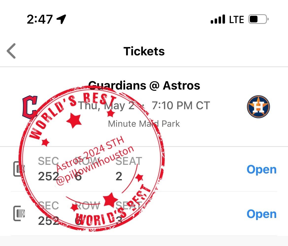 Astros vs Guardians 3rd Game 5/2 Thursday 7:10pm Section 252 Row 6 Seat 2-3