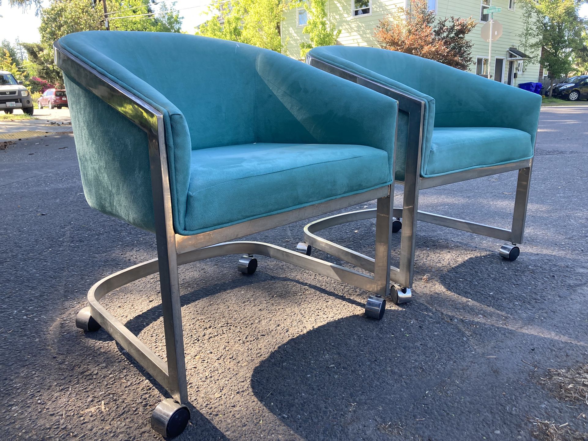 Pair-Set Of 2 Milo Baughman Design Institute America Vintage Mid Century Chairs Rolling Barrel Club Lounge Chrome 
