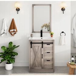 24" Bathroom Vanity with Sink & Faucet & Mirror, Farmhouse Bathroom Vanity Cabinet Set with Sliding Barn Door & 3 Drawers, Freestanding Single Bath St