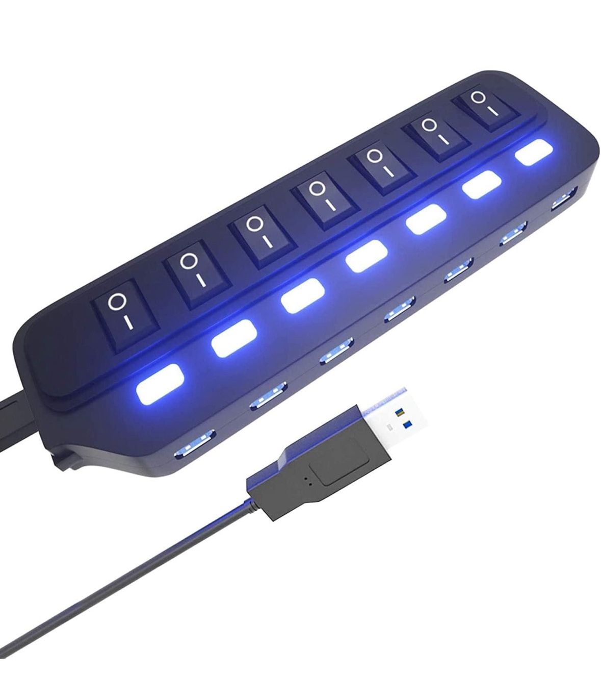 USB Hub 3.0, 7 Port USB Hub Splitter with Individual On/Off LED Switches, 5Gbps HighSpeed Data USB Extension for Laptop, iMac, USB Flash Drives, Mobil