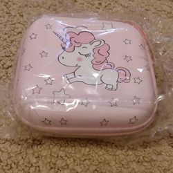 NEW IN PACKAGE SQUARE PINK UNICORN & STARS EARBUD KEY COIN  STORAGE CASE