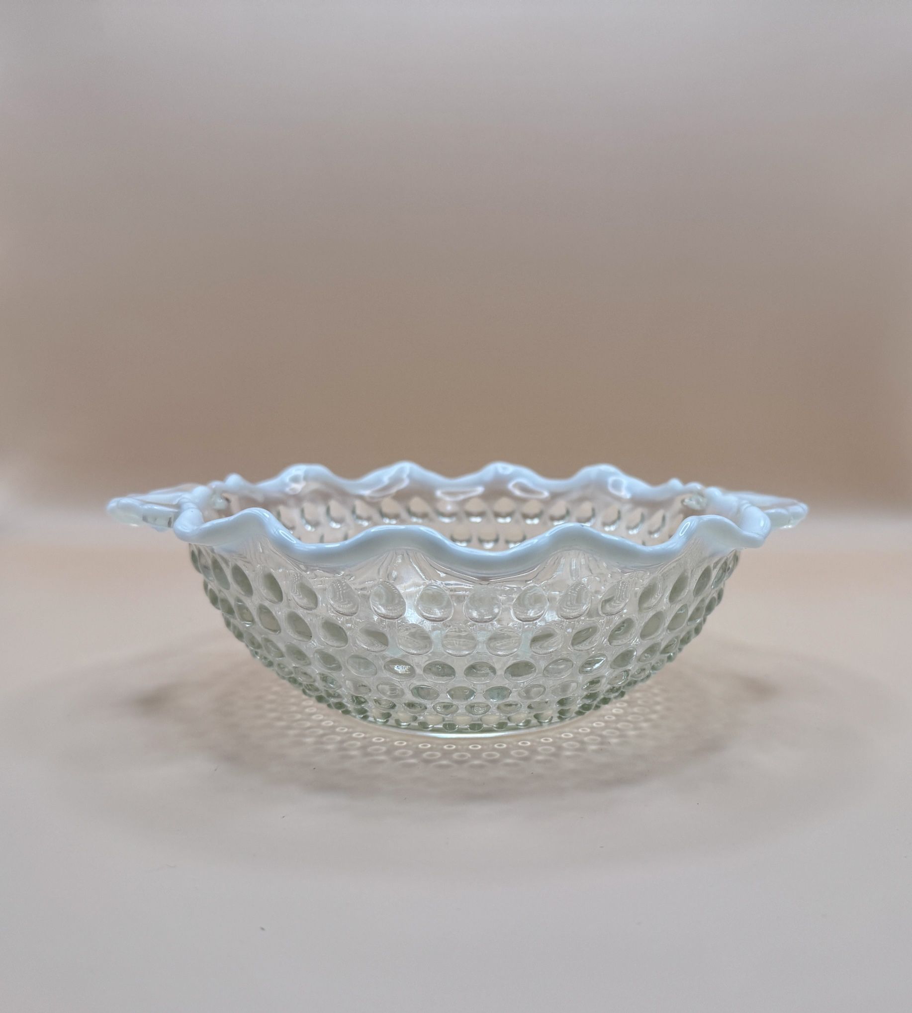 Vintage Anchor Hocking Moonstone Hobnail 6.5” Crimped Round Handled Bowl