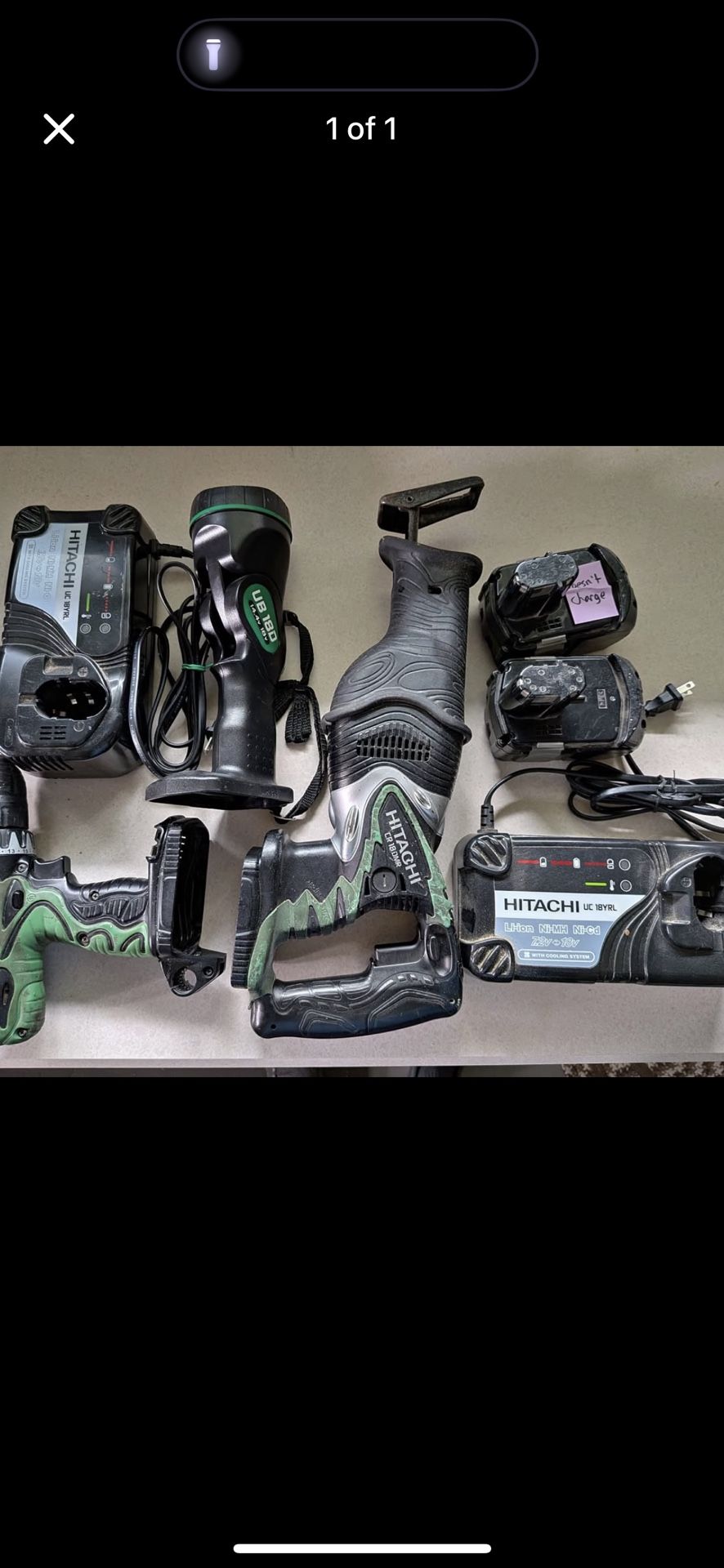 This is a set of Hitachi 18 volt cordless tools: a drill, reciprocating saw, flashlight, two chargers, and two batteries. Price is Firm.