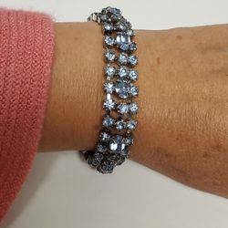 Vintage Silver Tone Three Strand Pronged Blue Glass Rhinestone Chain Bracelet