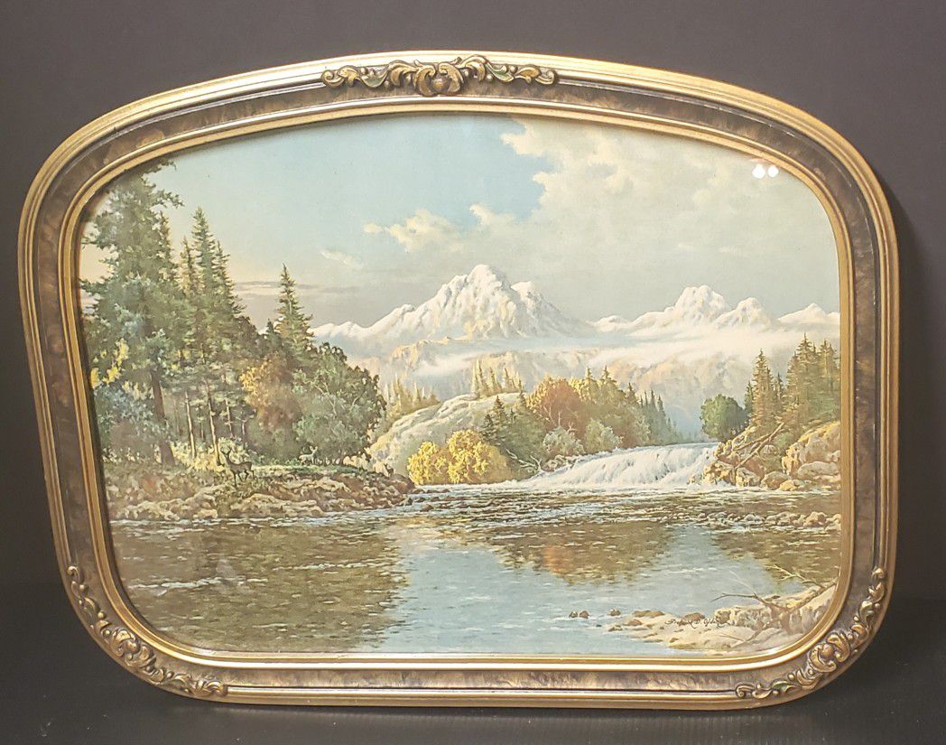 
Antique 1930s Frederick D. Ogden Framed Mountain Lake Landscape Print Snow Cap
