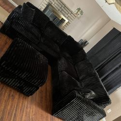 New 99x99 Black Furry Corduroy Sectional Couch With Ottoman / Free Delivery 