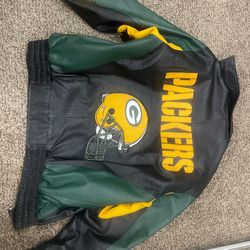 Green Bay Packers zip up leather jacket.