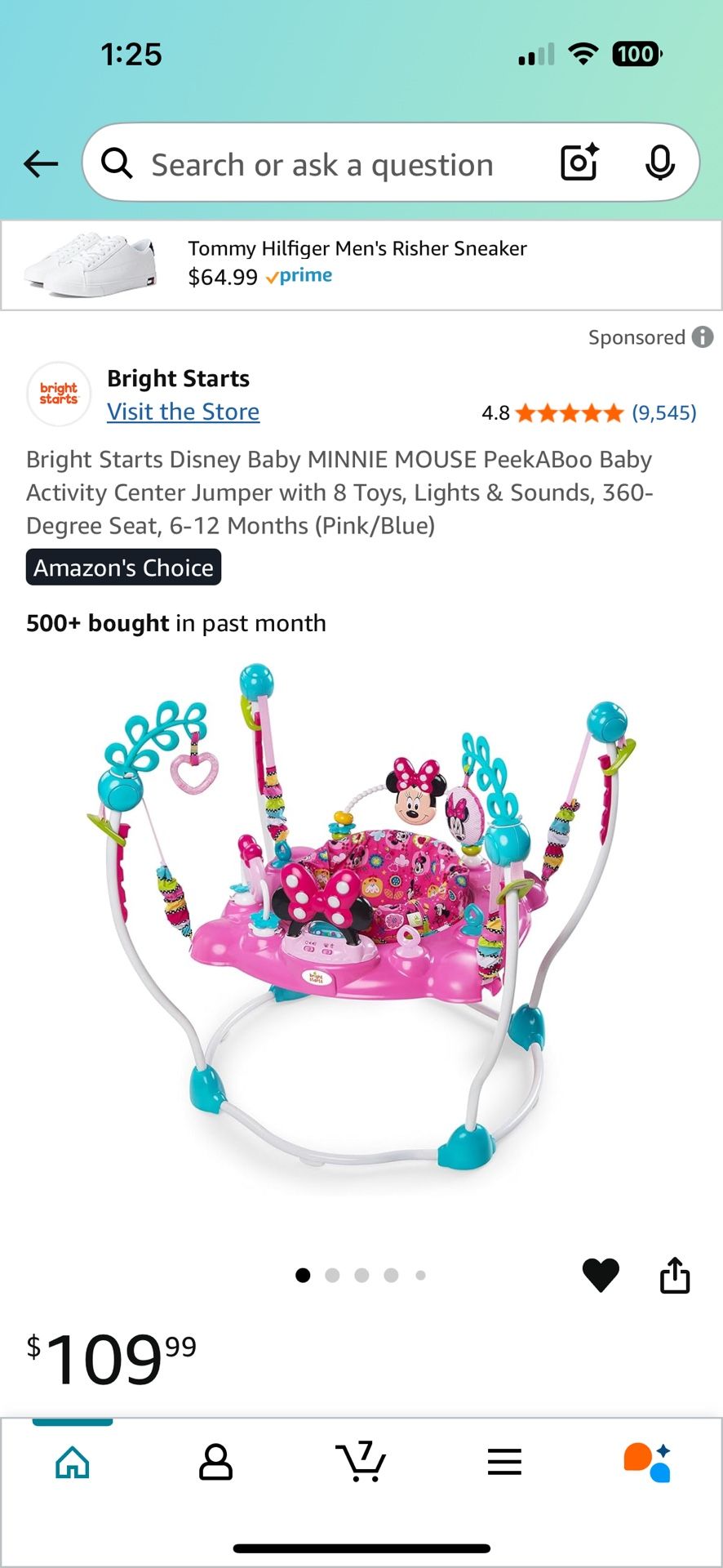 Bright Starts Disney Baby MINNIE MOUSE PeekABoo Baby Activity Center Jumper with 8 Toys, Lights & Sounds, 360-Degree Seat, 6-12 Months (Pink/Blue)