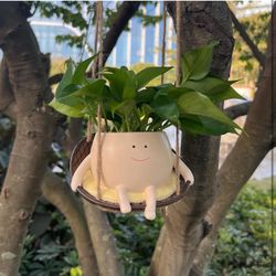 NINIPAPA Hanging Swing Chair Planter Pot Smile Face Plant Pot for Indoor Outdoor Plants Cute Head Flower Pots for Succulent String of Pearls Unique Gi