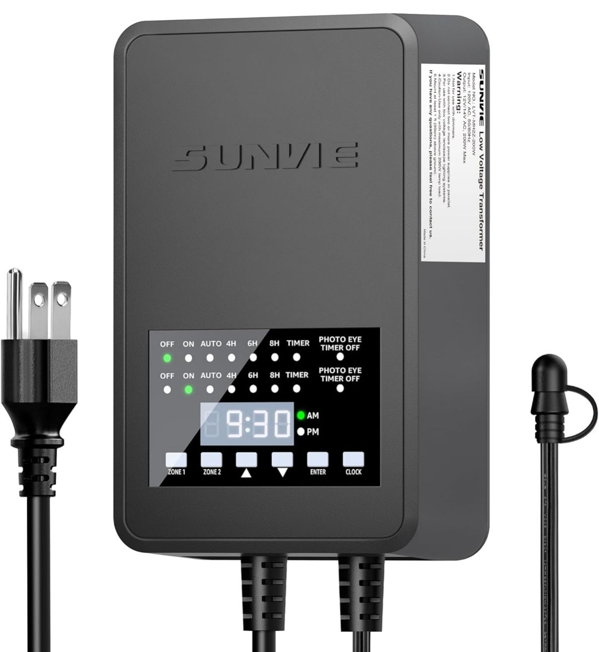 SUNVIE 300W Low Voltage Landscape Transformer with 2 Independent Control Output Landscape Lighting Transformer with Timer and Photocell Sensor 120V AC