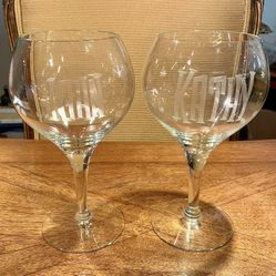 Vtg Custom-Made John & Kathy Matching Elegant Crystal Wine Glasses Pair