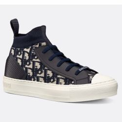 DIOR WALK’N’DIOR HIGH TOP SNEAKERS DEEP BLUE OBLIQUE LOGO JACQUARD LEATHER SZ 40