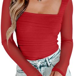 Women's Square Neck Mesh Long Sleeve Red Body XS