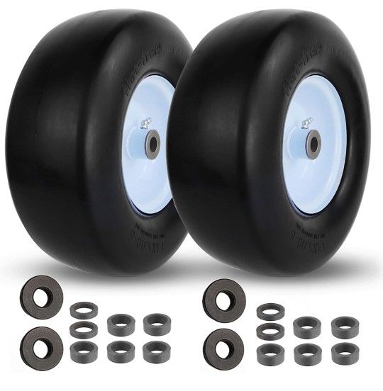 2 PCS Upgrade 13x5.00-6 Flat Free Lawn Mower Tire and Wheel with 3/4" & 5/8" Grease Bushing, Zero Turn Mower Front Solid Tire Assembly