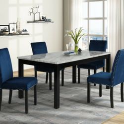 Brand New 5pc White Marble Espresso Finish Dining Set With Blue Velvet Chairs 
