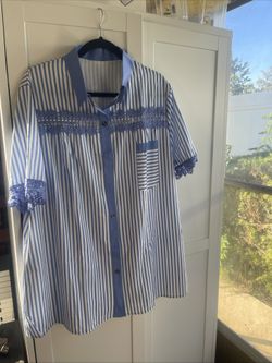 Plus Size 3XL Blue and White Collar Blouse Button Up Short Sleeve
