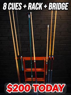 8 Pool Cues with Wall Rack and Bridge