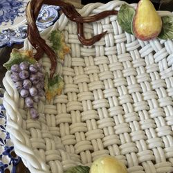 Beautiful Vintage Bassans Extra Large Ceramic Woven Bowl With Accent Grapes Perfect for Fruits Made in Italy
