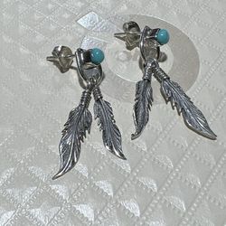 PURE STERLING SILVER VINTAGE NAVAJO TURQUOISE DANGLE STUDS EARRINGS 