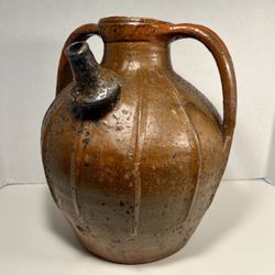 19th Century Antique French Orange Glaze Terracotta Pottery Walnut Oil Jug 14"H