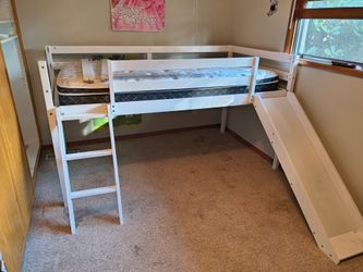White Twin Loft Bed with Slide and Ladder and new mattress