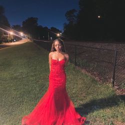 Red sequin tube top prom dress