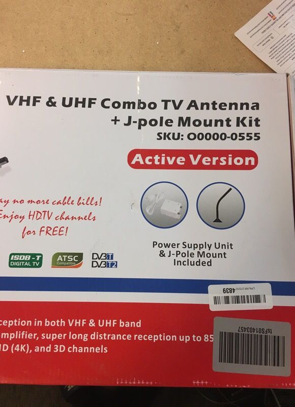 VHF & UHF combo Amplified TV Antenna + J-pole Mount Kit