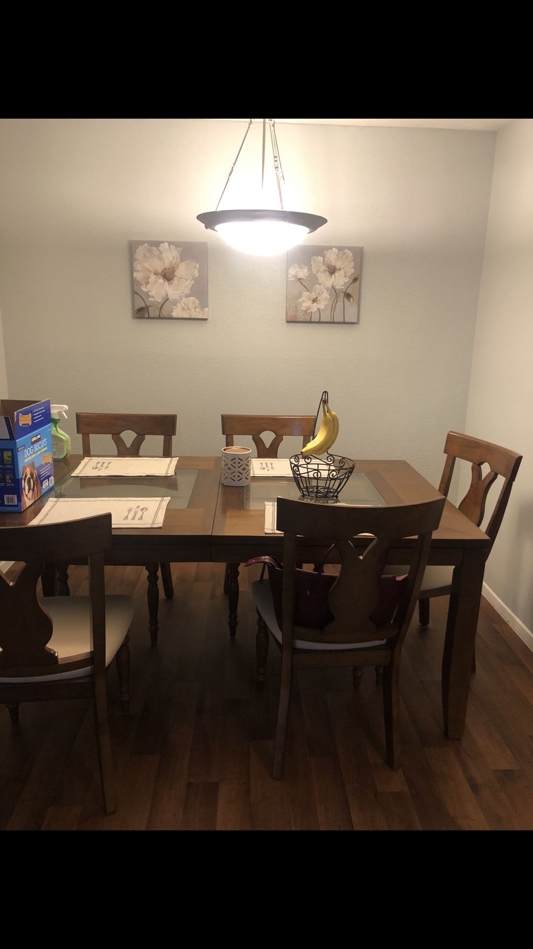 Chestnut color wooden diner table with 6 chairs