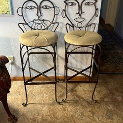 Two  John Risley Design Man Woman Bar Stools -cast Iron-copper Hammer 