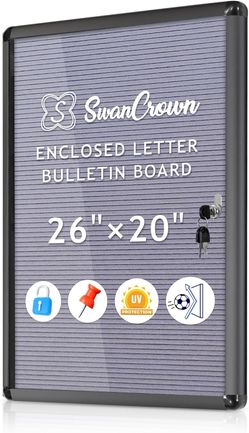 S SWANCROWN Enclosed Bulletin Board with Locking Door 26x20 in, Shatter Resistant Lockable Letterboard Sign, Message Board for Office School Home, Gre