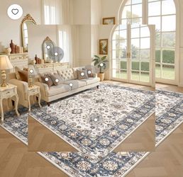 Uermei 9'x12' Large Soft Area Rug: Machine Washable Non-Slip Carpet, Farmhouse Vintage Floor Mat for Living Room Bedroom Dining Room - Beige Blue