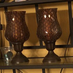 Glass Mosaic Candrl Holder With Battery Operated Candles-Pair