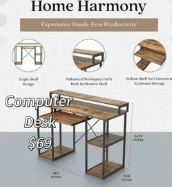 😀 Computer Desk with Monitor Shelf for At-Home Office, Brown/Black