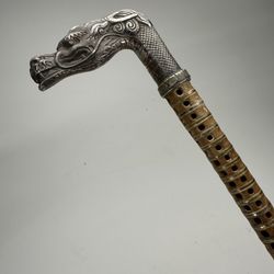 French 19th Century 1800s Shark Vertebrae Walking Stick Cane Silver Plate Dragon