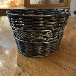 Round Brown Basket or Plant Holder with Decorative  Metal Center and Structural Pieces