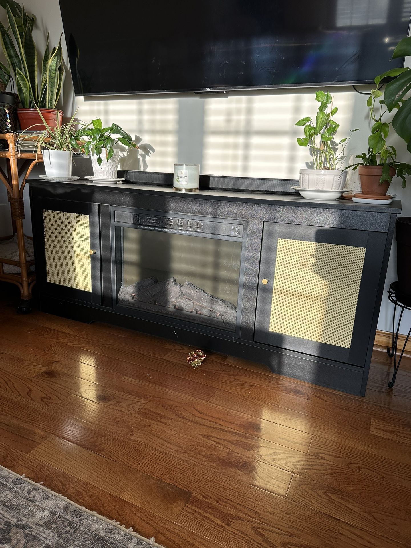 Black Bohemian TV Entertainment Stand With Fireplace