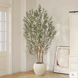 George 8ft Artificial Olive Tree with White Tall Planter, Faux Olive Tree with Natural Trunk