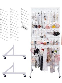 Freestanding Metal Pegboard Display Stand 30 Hooks White 24in x 66in