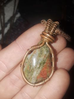 Unakite wire wrap pendant necklace jewelry hand made copper