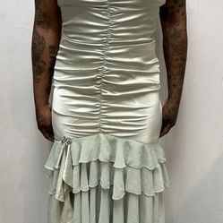MINT GREEN SATIN FORMAL HALF TOP DRESS W/ LAYERED BROOCH ATTACHED BOTTOM💚