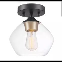 Globe Electric Harrow 1-Light Matte Black Semi-Flush Mount Ceiling Light with Gold Accent Socket and Clear Glass Shade