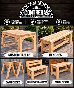 custom wooden benches, tables, sawhorses